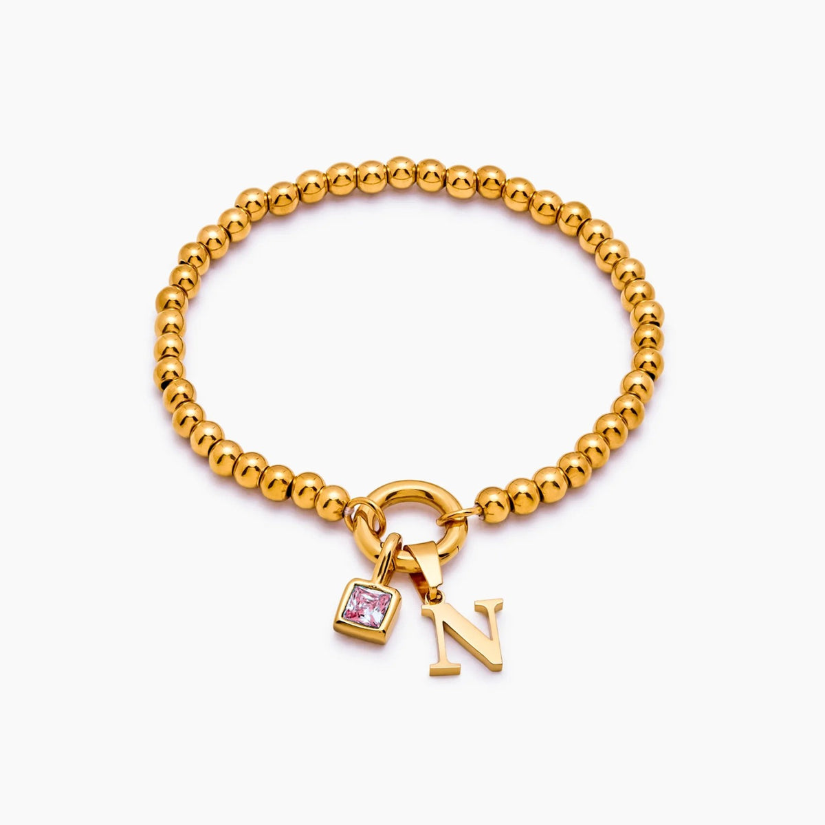 beaded-initial-birthstone-bracelet — Gold / Jul-Ruby
