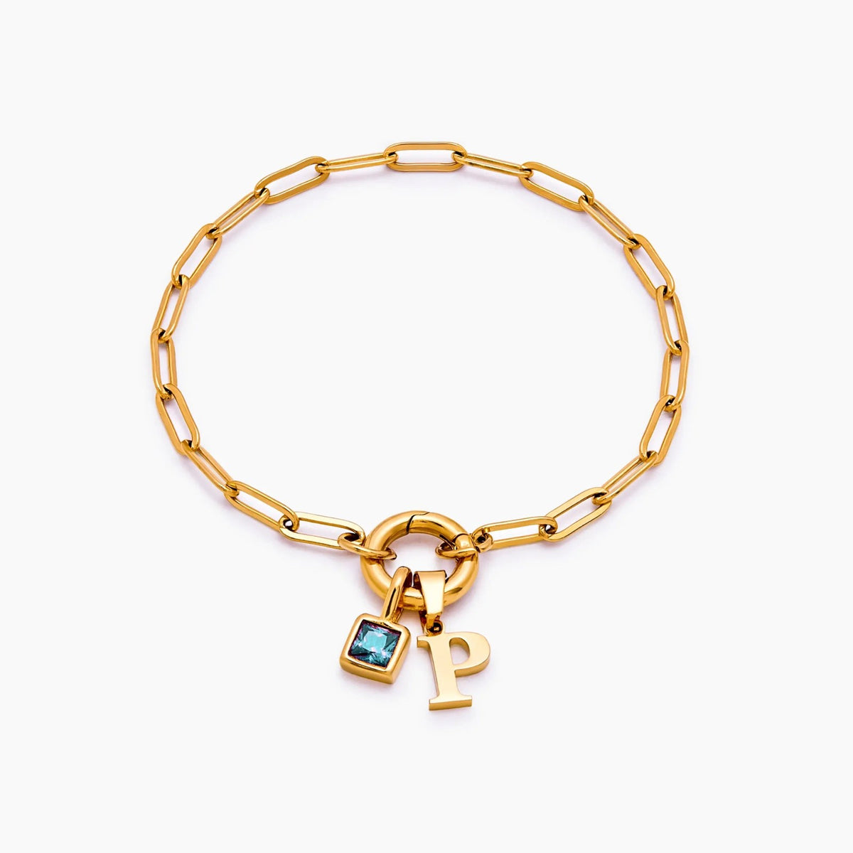 paperclip-initial-birthstone-bracelet — Gold / Mar-Aquamarine