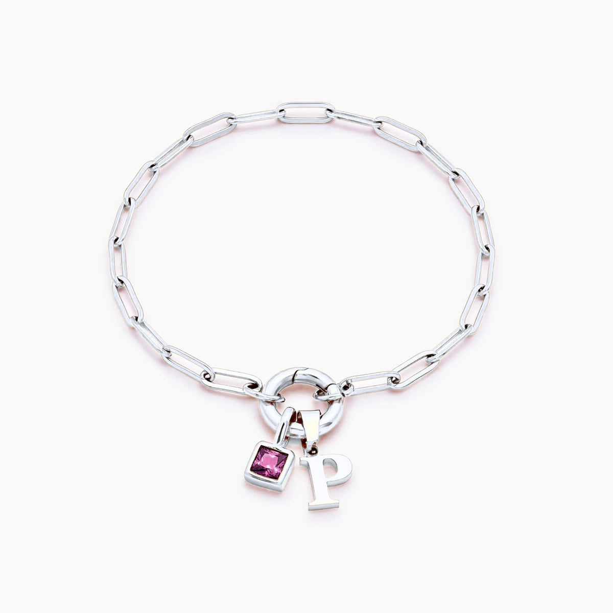 paperclip-initial-birthstone-bracelet — Silver / Oct-Pink Tourmaline