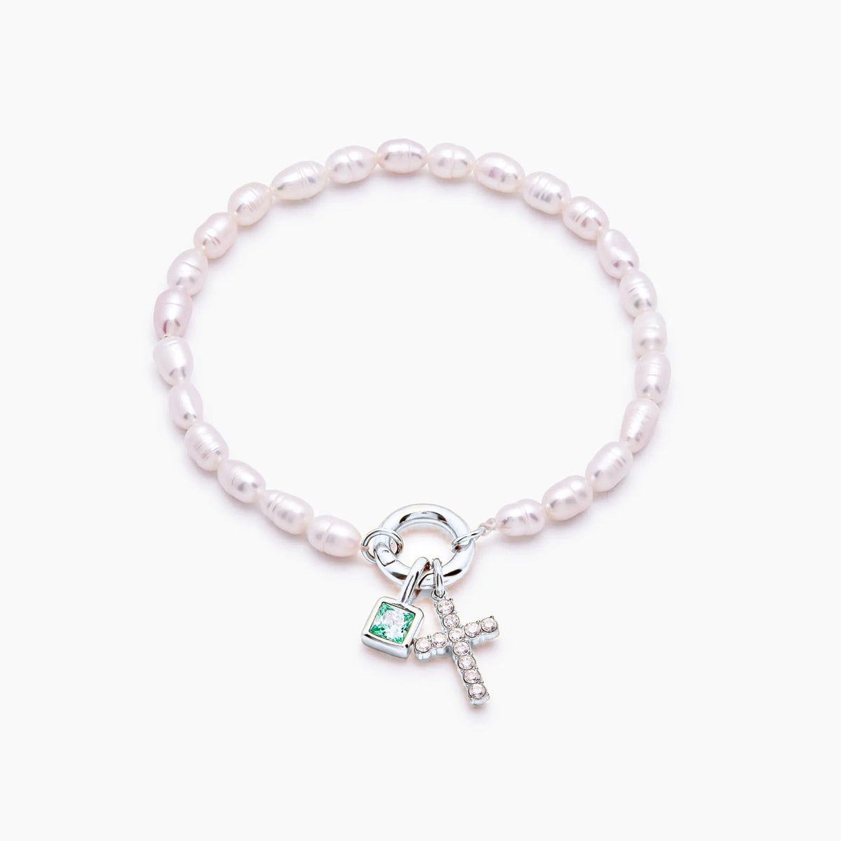 pearl-birthstone-cross-charm-bracelet — Silver / May-Emerald