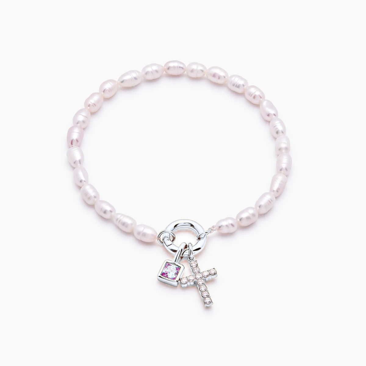 pearl-birthstone-cross-charm-bracelet — Silver / Oct-Pink Tourmaline